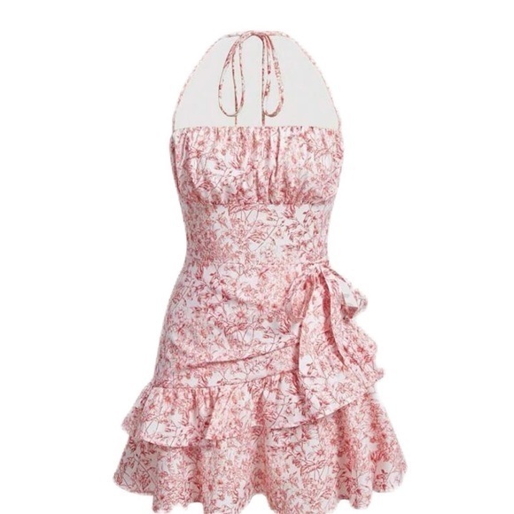 SHEIN MOD Allover Floral Print Ruffle Trim Tie Backless Ruched Bust Halter Dress - Picture 1 of 6
